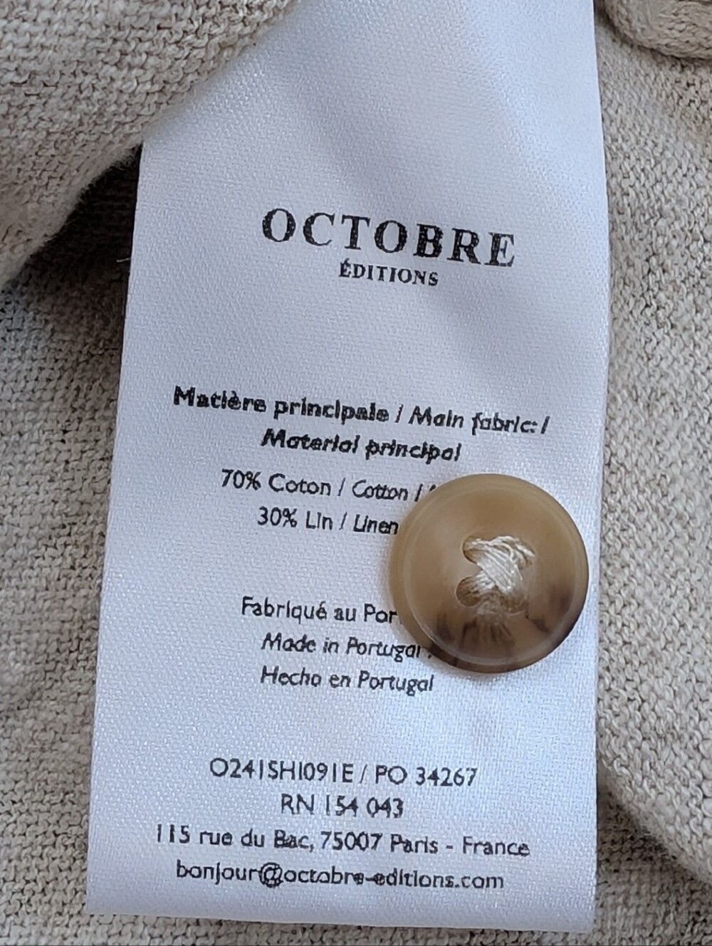 Octobre Editions Jonas Shirt Cotton Linen Ecru Men's Size Small Made in Portugal - Picture 4 of 7